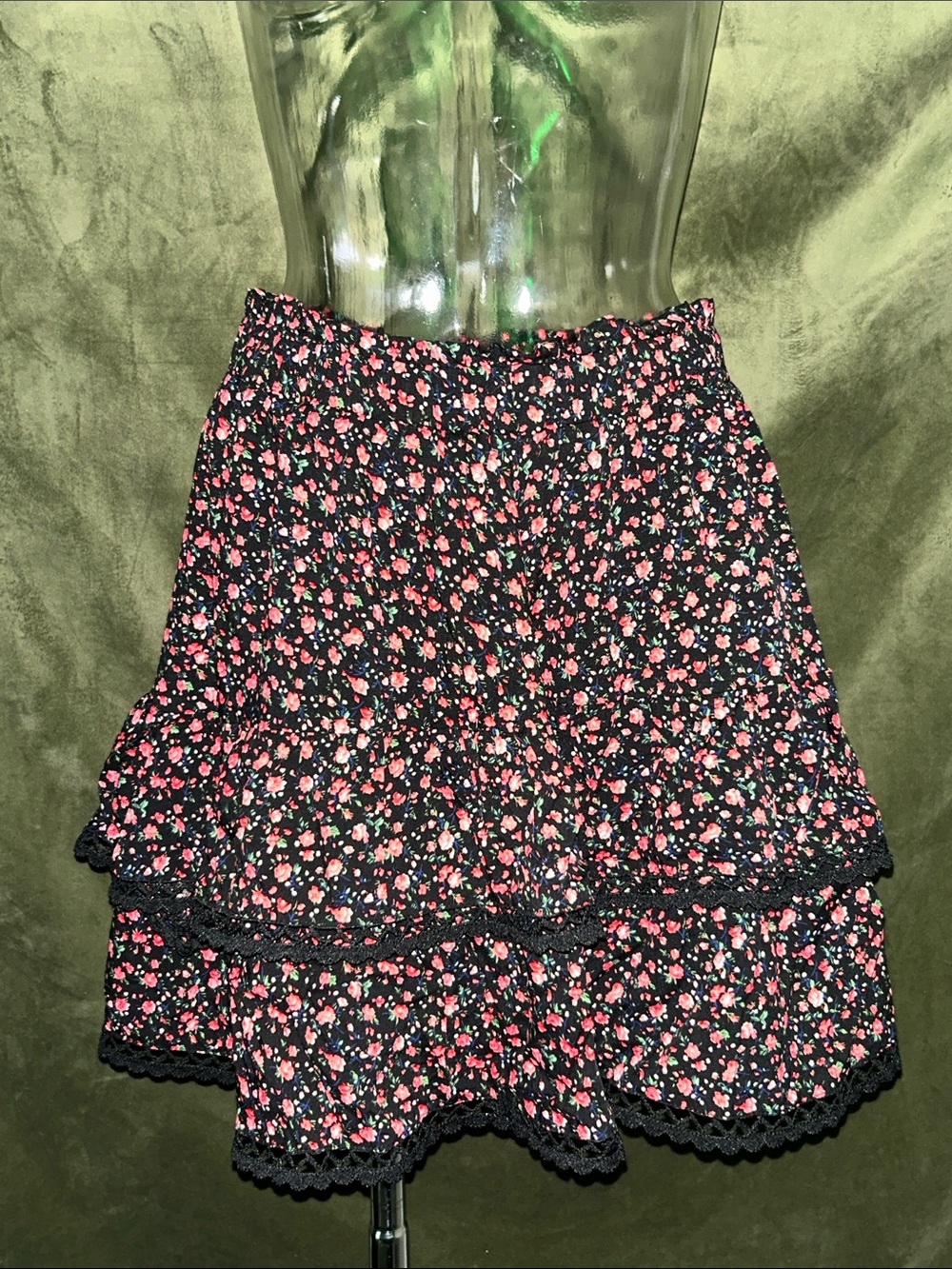 Tiered Ruffle Mini Skort- Black with Pink Floral